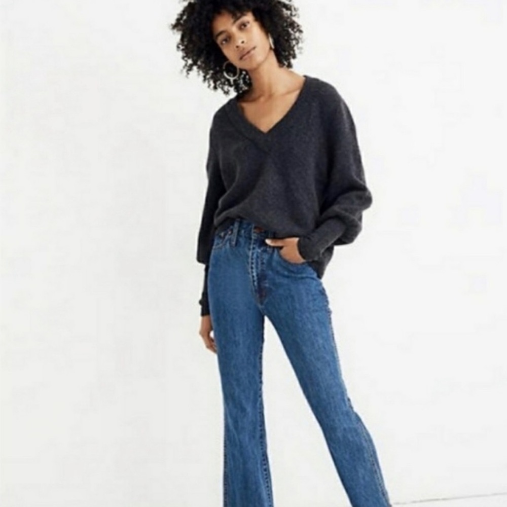 Madewell Grey V Neck Balloon Sleeve Sweater